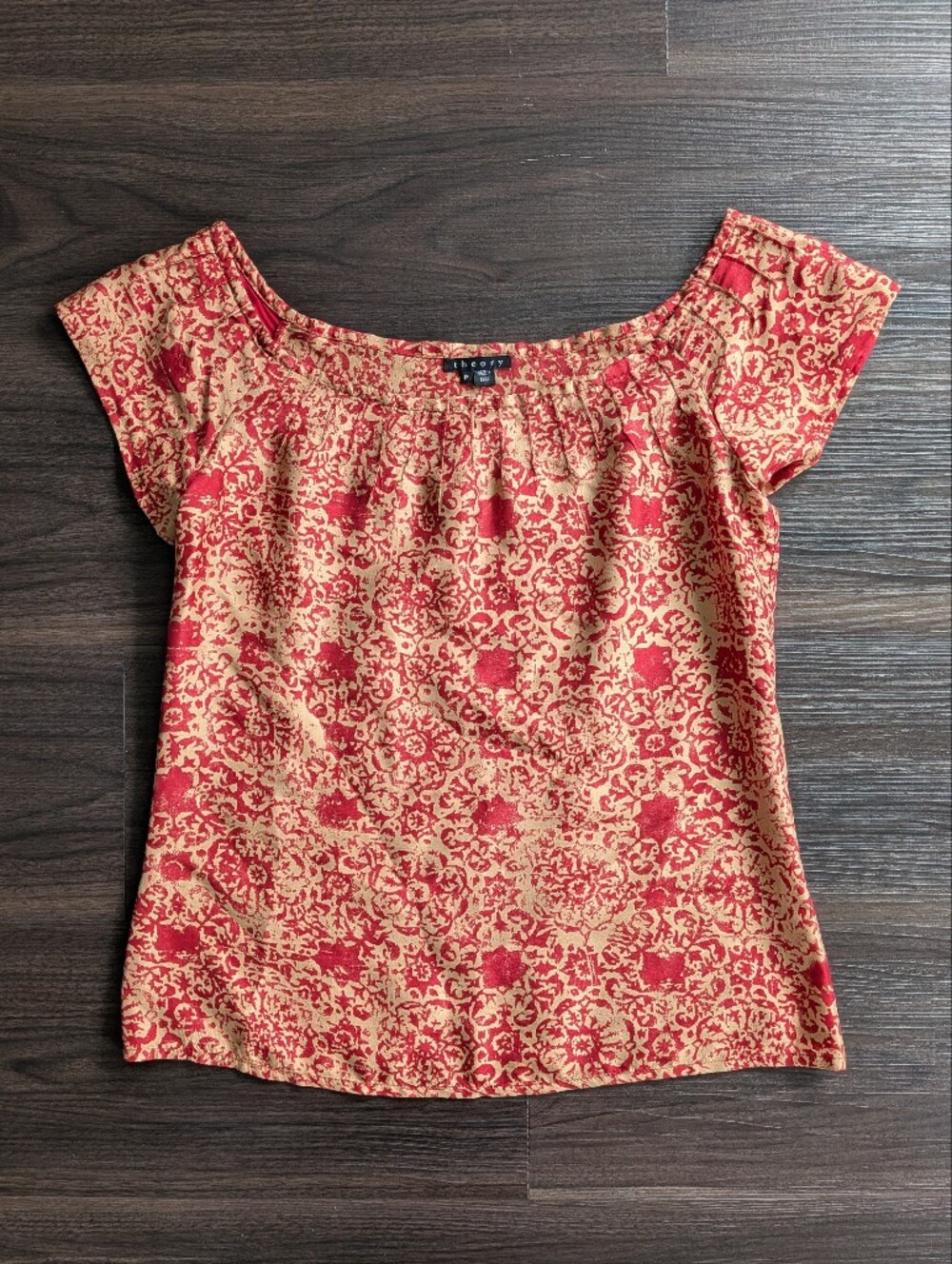 Theory 100% Silk Red and Gold Blouse Top Small Quiet Luxury